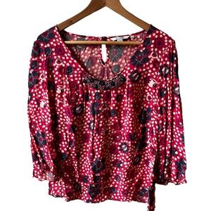 Boden 3/4 Sleeve Jewel Beaded Neck Blouse, Size: 10